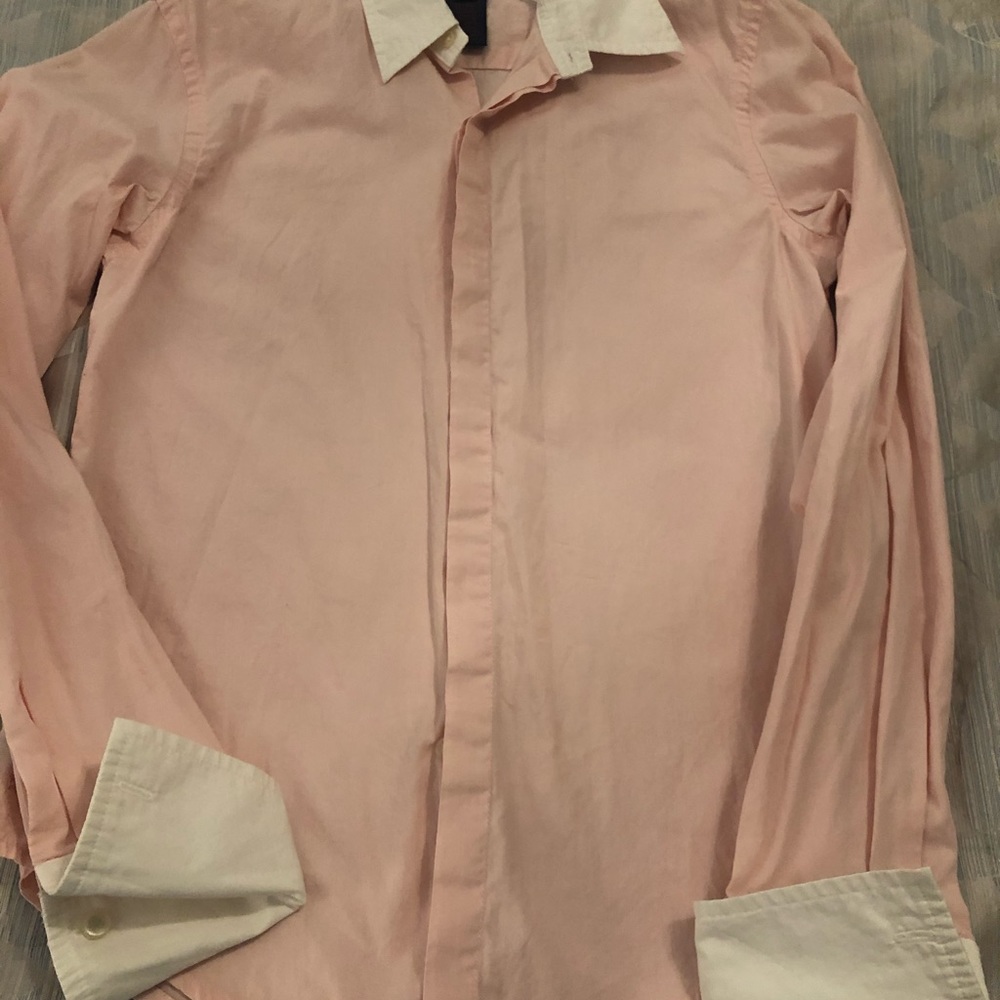 Light pink blouse with white collar and cuffs